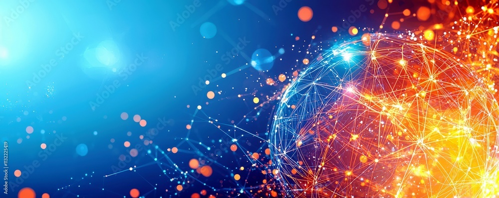 Poster vibrant digital globe with interconnected lines and colorful bokeh in blue and orange background rep