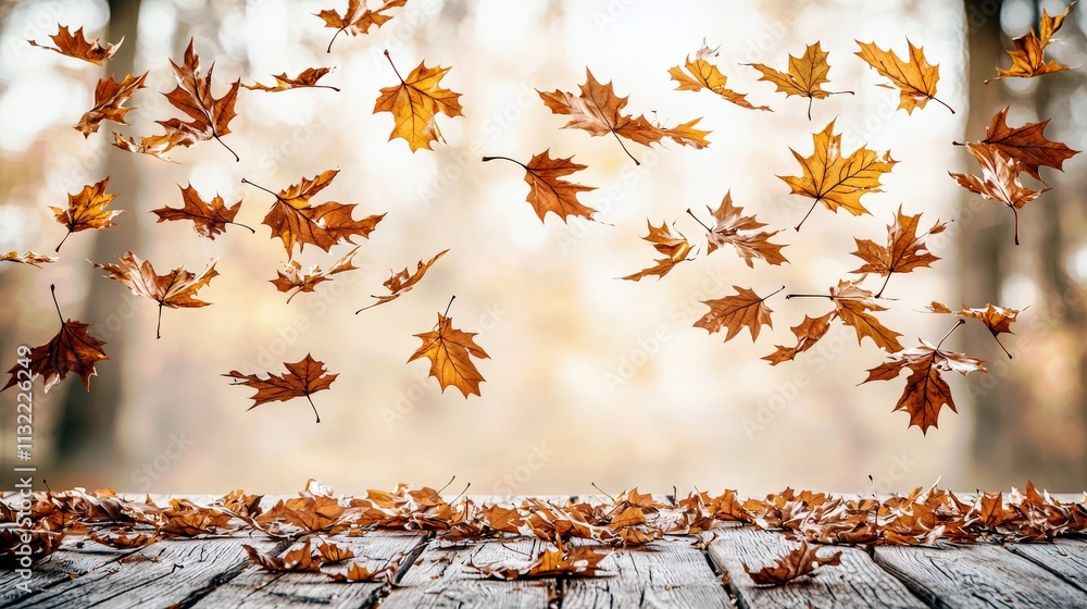 Poster autumn leaves falling in the air with a beautiful soft background of blurred trees and a rustic wood
