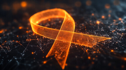 Leukemia awareness month concept. Banner template with glowing low poly orange ribbon. Wireframe modern abstract illustration. 
