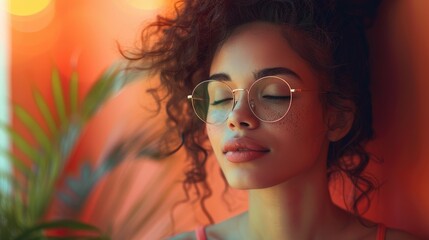 Relaxed young woman with glasses, peaceful expression, soft lighting, and curly hair against a coral-colored wall.