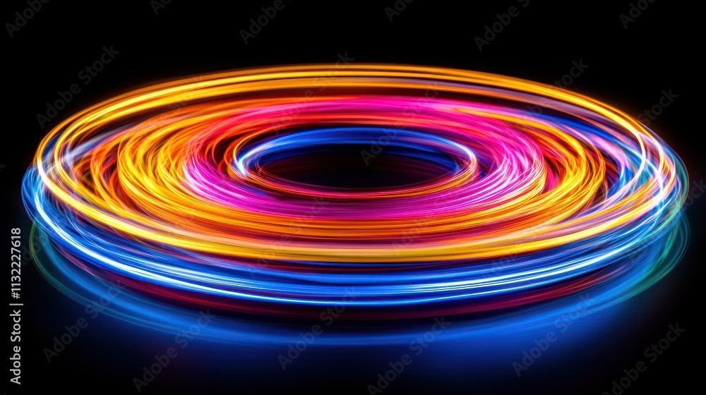 Poster a vibrant swirl of colorful light trails against a dark background, creating a dynamic effect.