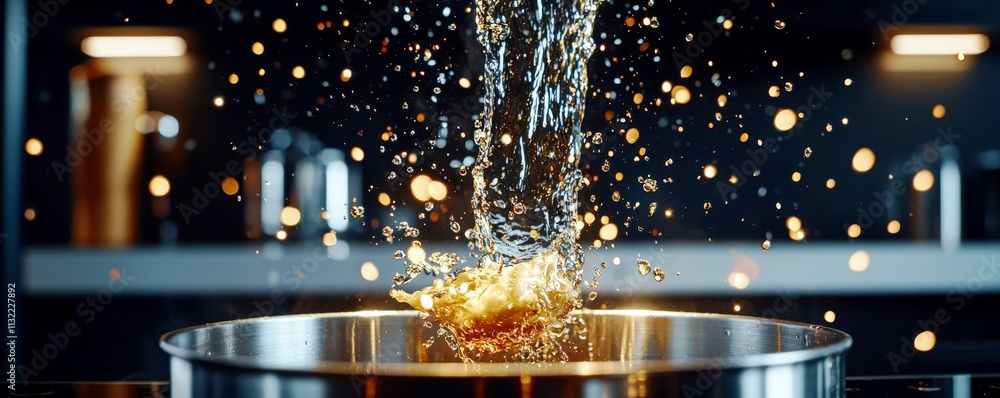 Poster dynamic water splashing into metal pot captured in a modern kitchen setting with bokeh effect and dr