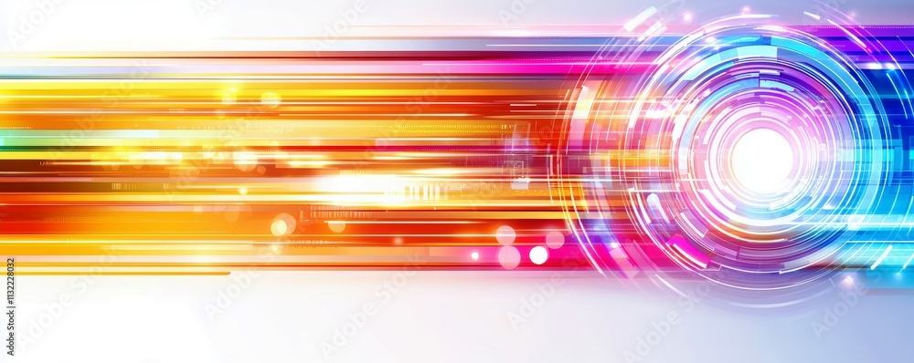 Poster colorful abstract background with dynamic lines and circular light patterns representing speed, move