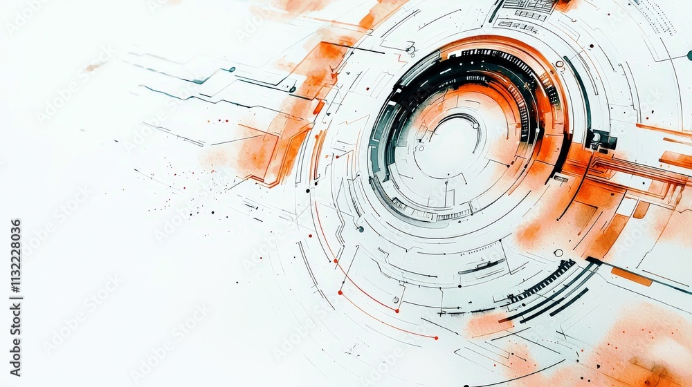 Poster abstract digital technology design with futuristic circular patterns and creative elements on a whit