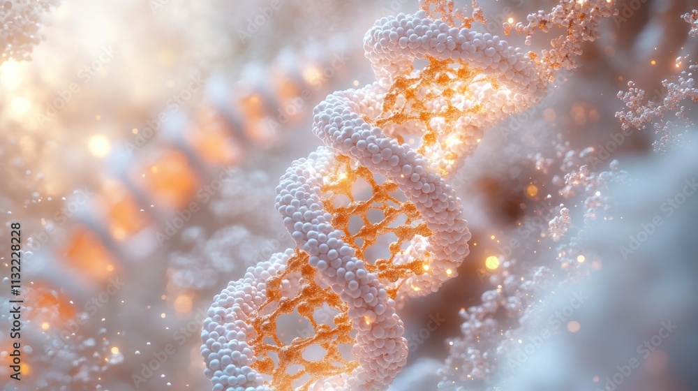 Poster a close-up of a dna double helix structure with glowing elements, representing genetic science.