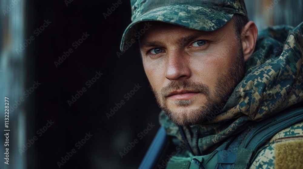 Poster a man in a camouflage hat and jacket is standing in front of a building