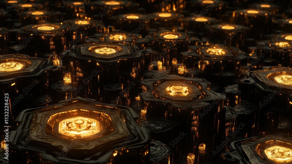 Poster Glowing Hexagonal Structures In A Dark Abstract City