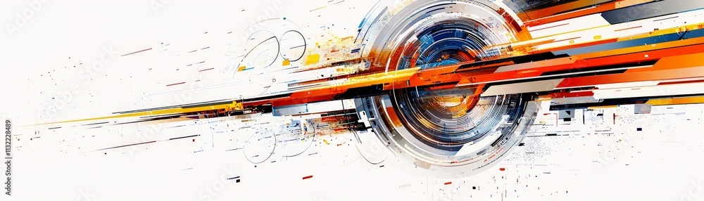 Poster abstract colorful digital design featuring dynamic lines and circular shapes in a vibrant and energe