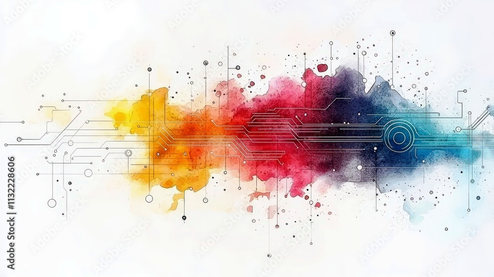 Poster abstract representation of digital technology concept with vibrant colors, artistic splashes, and in