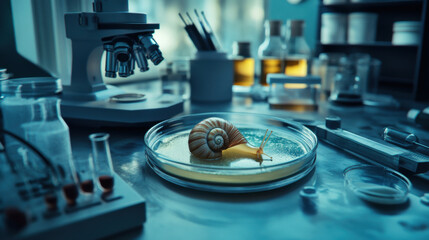 Close-Up of a Snail on Petri Dish in a Laboratory Setting with Laboratory Equipment, Glassware, and Scientific Instruments in a Background Environment