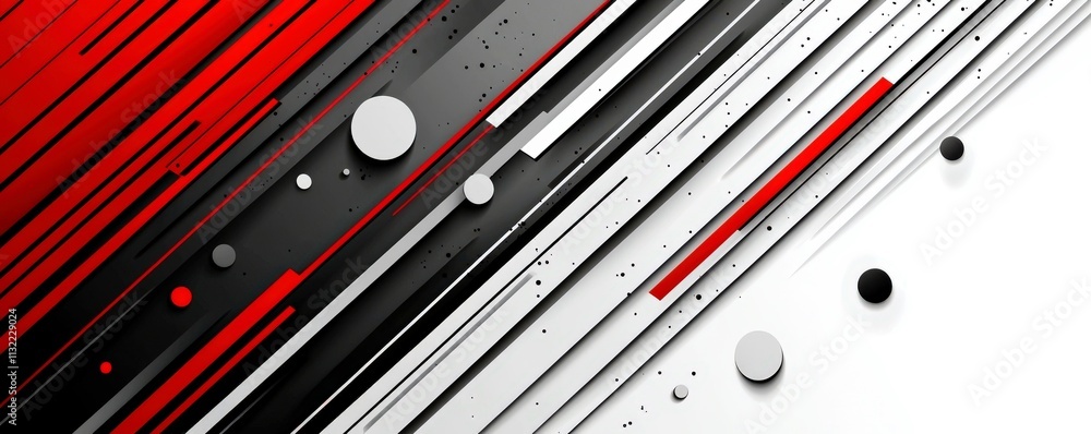 Poster abstract geometric design with dynamic lines and circles in red, black, white, and gray color palett