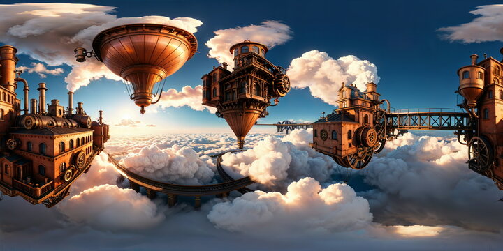 Full 360 degrees seamless spherical panorama HDRI equirectangular projection of A BioShock steampunk cityscape. Texture environment map for lighting and reflection source rendering 3d scenes.	
