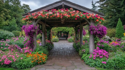 Fototapeta premium Flower-Adorned Pergola Pathway Through a Lush Garden