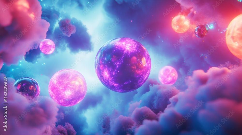Poster glowing planets float amidst neon cloudscape
