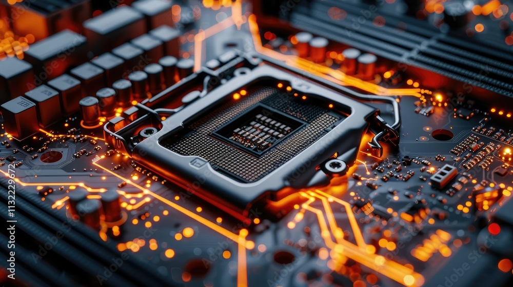 Poster close-up of a computer motherboard with a central processing unit (cpu) highlighted with glowing ora