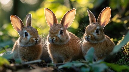 Obraz premium Three Adorable Wild Rabbits in a Lush Forest Setting