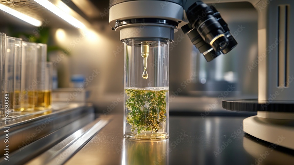 Poster a microscope examining a sample with plant material in a laboratory setting.
