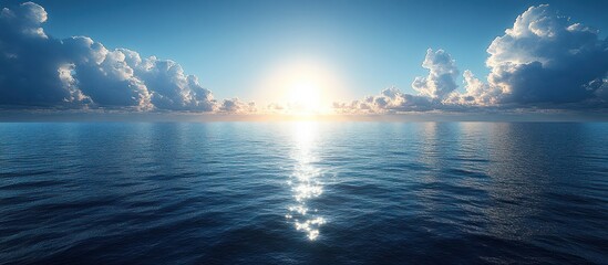 Peaceful ocean sunrise with clouds reflecting on calm water.