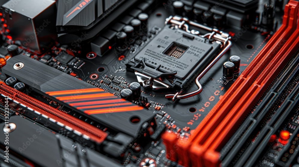 Poster close-up of a computer motherboard with cpu socket and ram slots.