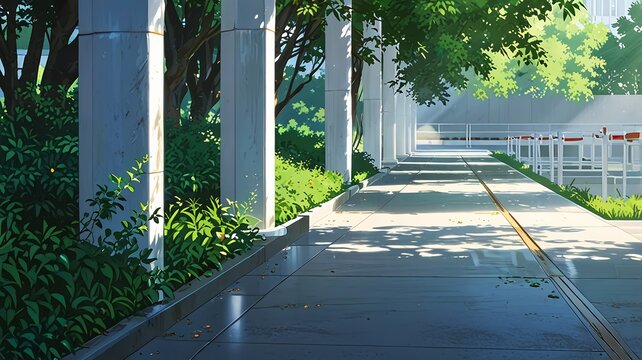 "A clean and sophisticated scene with white pedestals surrounded by rich green foliage, highlighting a natural and minimalist design theme."