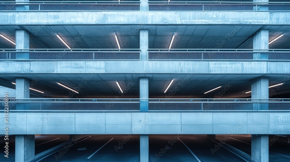 Poster create a blueprint for a multi-story parking garage for a commercial complex, focusing on efficient 