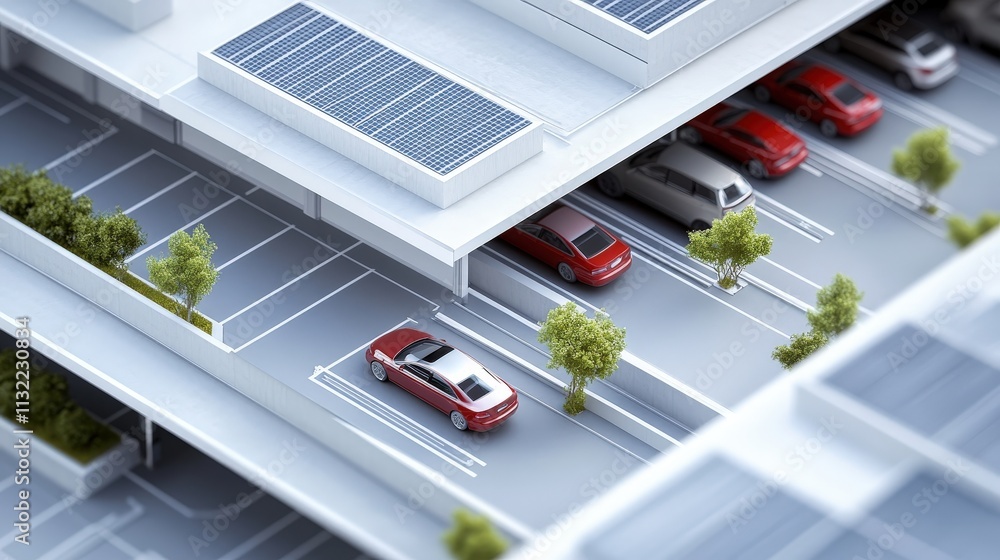 Poster create a blueprint for a multi-story parking garage for a commercial complex, focusing on efficient 