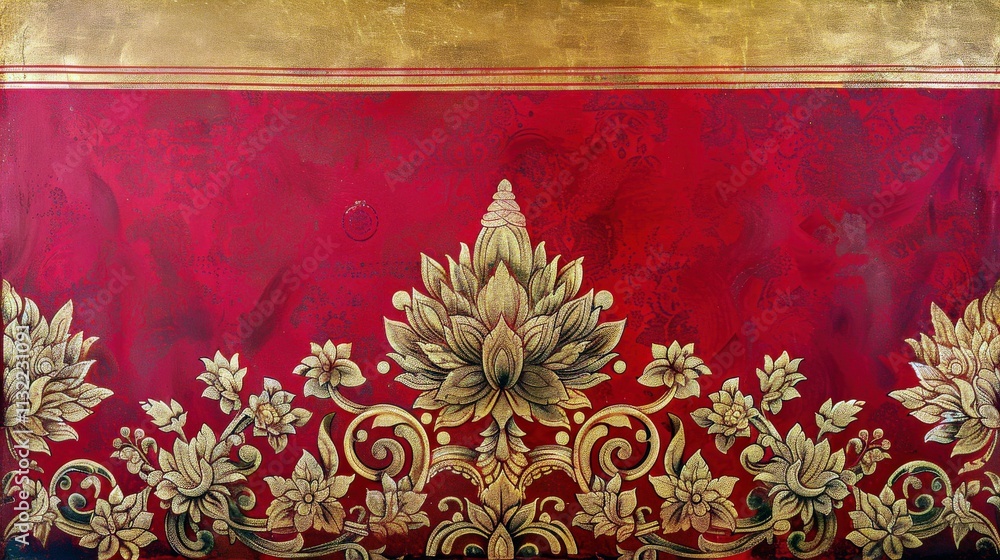 Poster ornate red background with floral patterns and gold accents featuring intricate decorative elements 