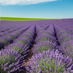 Obraz premium A vibrant field of lavender in full bloom, stretching across the horizon. The soft purple flowers contrast against the clear sky and green landscape.