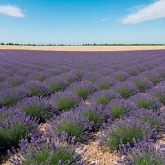 Obraz premium A vibrant field of lavender in full bloom, stretching across the horizon. The soft purple flowers contrast against the clear sky and green landscape.