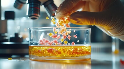 A scientist's hand adds colorful particles to a petri dish under a microscope.