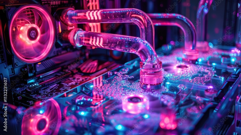 Poster close-up of a custom-built pc water cooling system with vibrant rgb lighting. transparent tubing, gl
