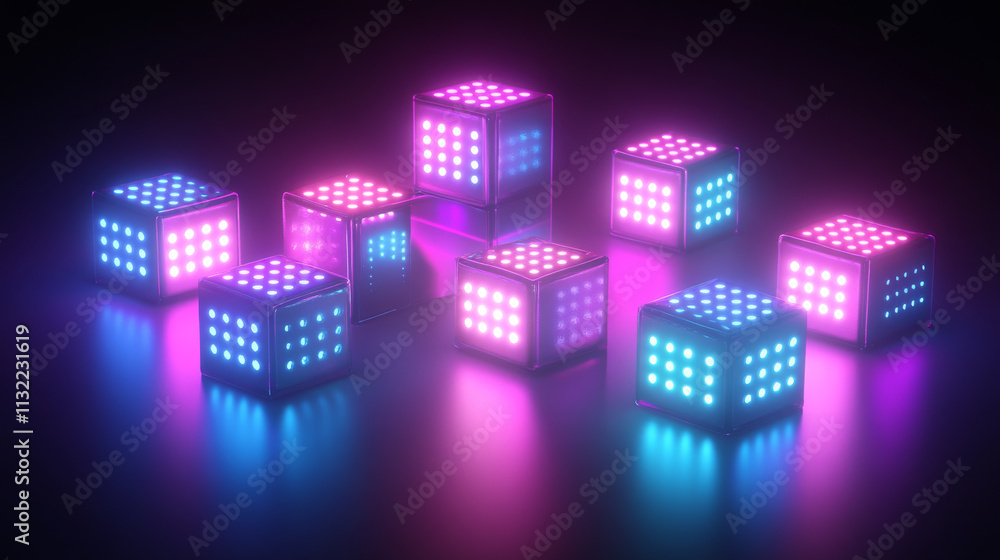 Poster vector realistic 3d cubes with neon parts and dots connection on dark background . futuristic illust