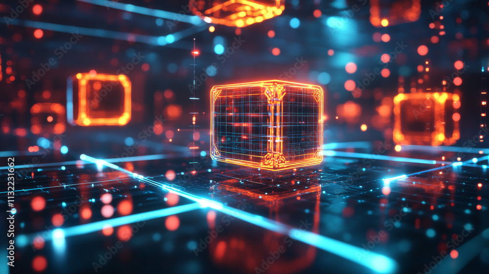Poster vector realistic 3d cubes with neon parts and dots connection on dark background . futuristic illust