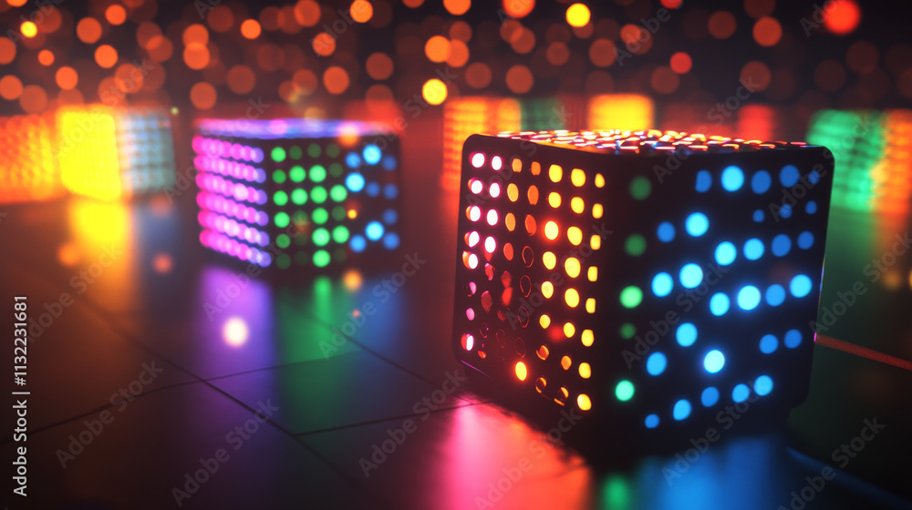 Poster vector realistic 3d cubes with neon parts and dots connection on dark background . futuristic illust