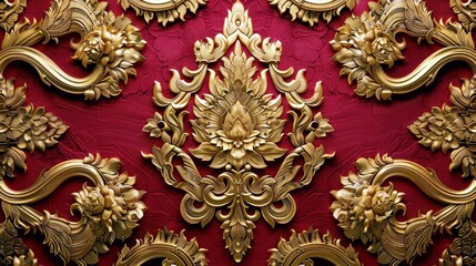 Fototapeta premium Intricate Golden Floral Pattern on Vibrant Red Background, Rich Decorative Elements and Textures for Elegant Design or Art Projects