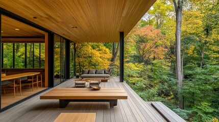 Modern Deck Overlooking Autumnal Forest Scenery