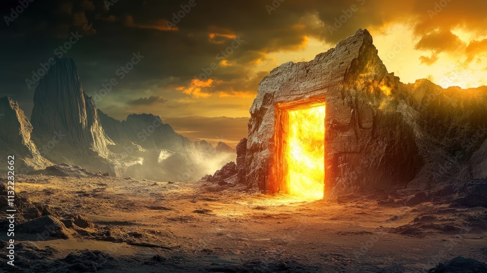 Poster fiery gateway through volcanic mountain range