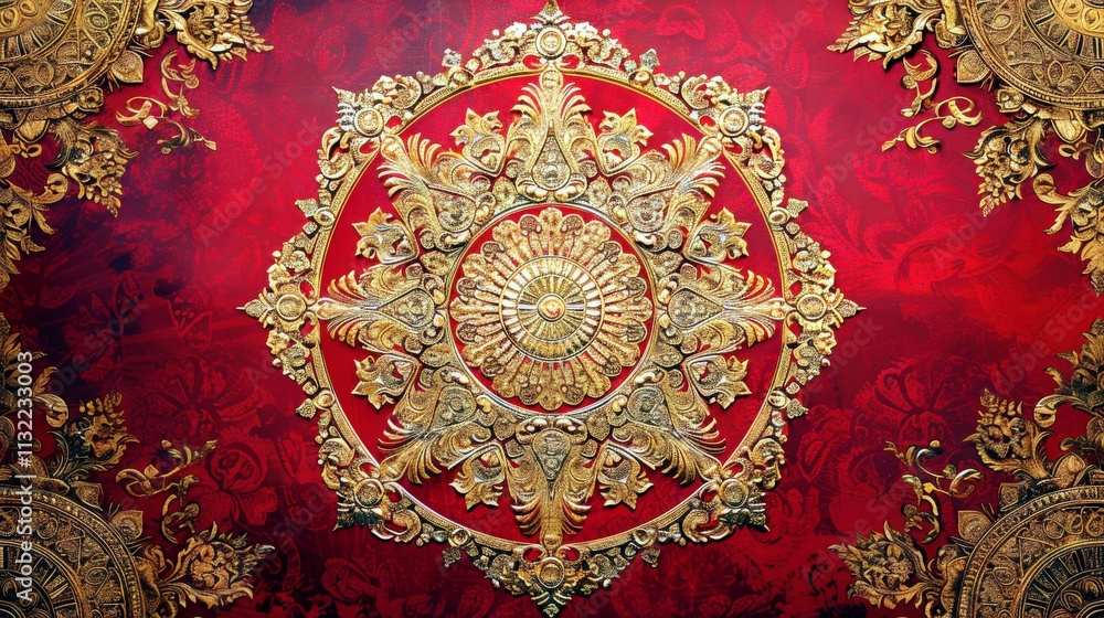 Poster Intricate Red and Gold Floral Pattern with Circular Design and Decorative Elements for Artistic and Elegant Backgrounds or Textiles