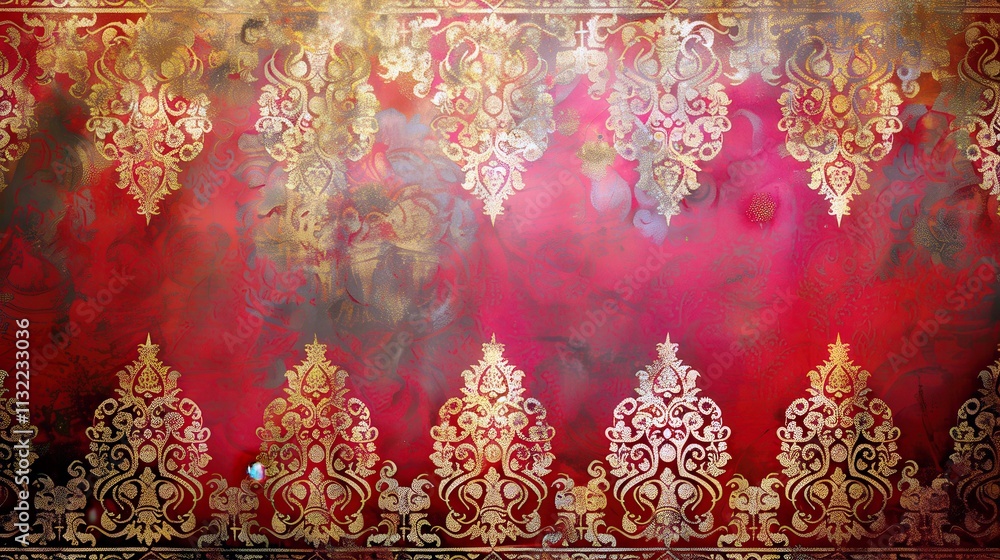 Poster exquisite ornate background with intricate gold patterns on rich red texture for elegant designs and