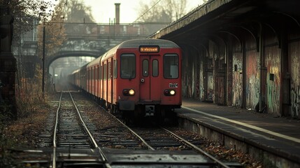 Obraz premium Red Train at an Old Station: A Journey Through Time