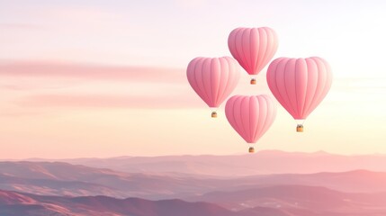 Fototapeta premium Four heart-shaped hot air balloons float above serene mountains during a pastel sunset, creating a romantic and whimsical atmosphere.