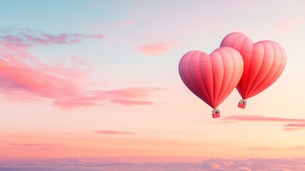 Obraz premium Two pink heart-shaped hot air balloons float in a pastel sky, creating a romantic and dreamy atmosphere.