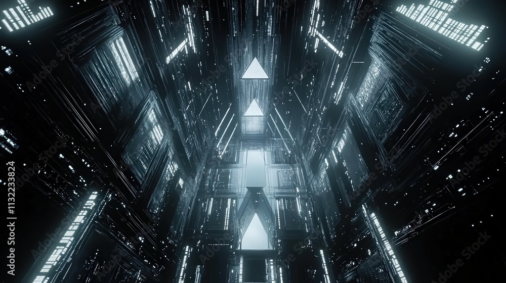 Poster Create a futuristic, dark backdrop with interconnected triangular blocks that build a high-tech structure. Each triangle is highlighted by cool tones,