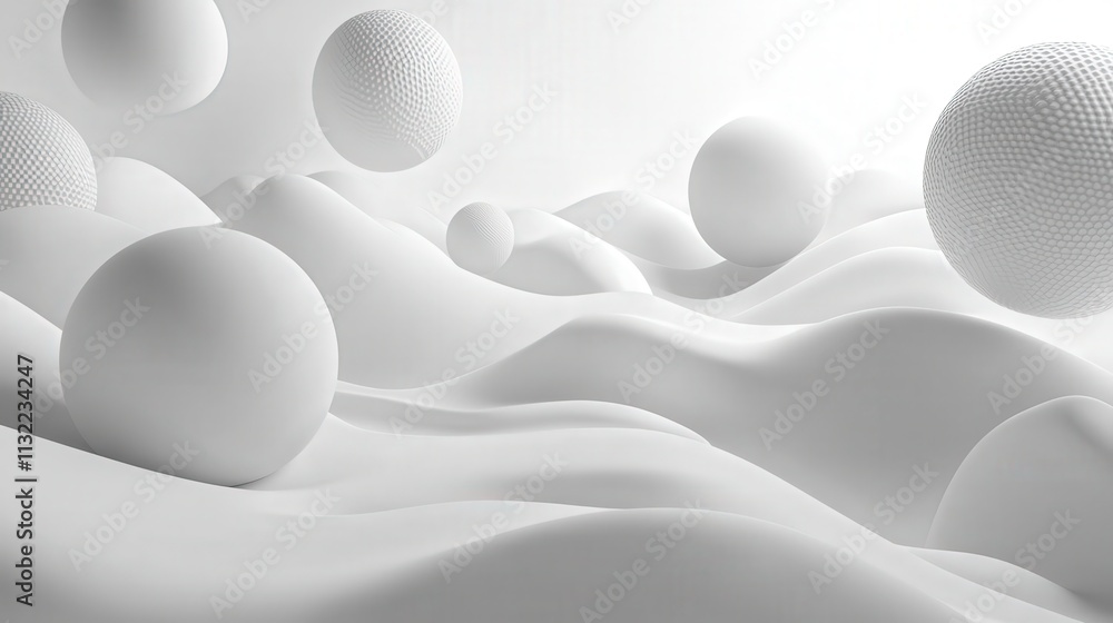 Poster create a modern, weightless composition with abstract shapes floating effortlessly in a soft white 3