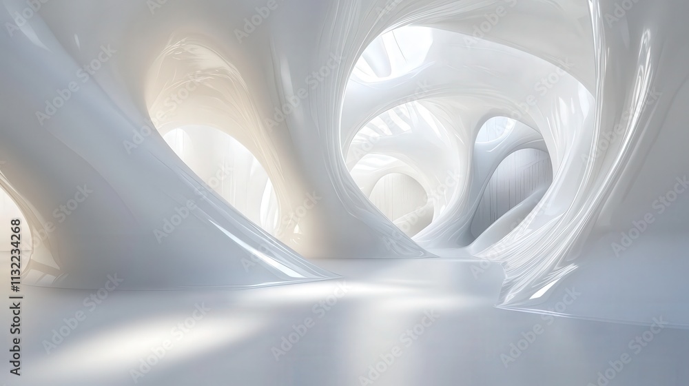 Aufkleber create a peaceful 3d environment with a bright white background where abstract shapes float graceful