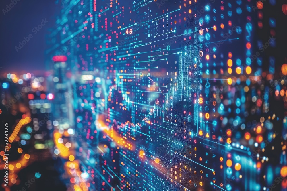 Poster abstract cityscape with digital data overlays and bokeh lights