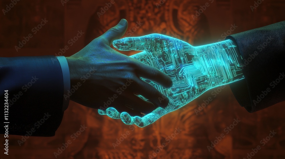 Poster create a photorealistic image of a professional handshake between a businessman and a futuristic ava