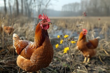 Fototapeta premium A Close-Up of a Red Hen with Its Feathers and Crest in Focus, Standing in a Field with Blurred Background