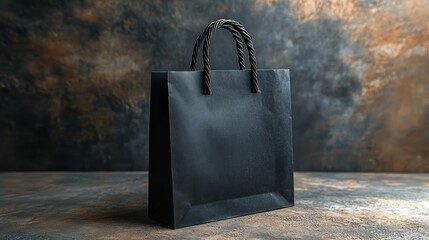 A flat-lay view of a black paper bag with a logo placeholder in the center, set on a pure white background	