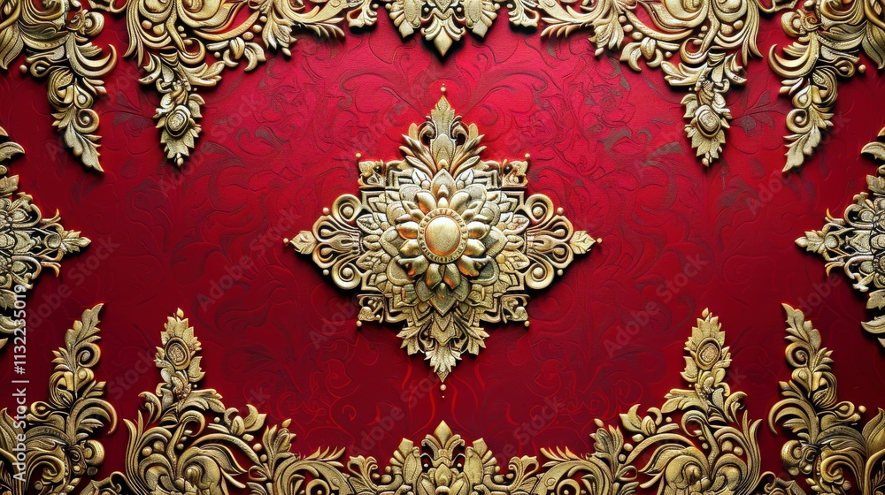Poster intricate gold floral pattern on deep red background with elegant ornamental details for elegant des